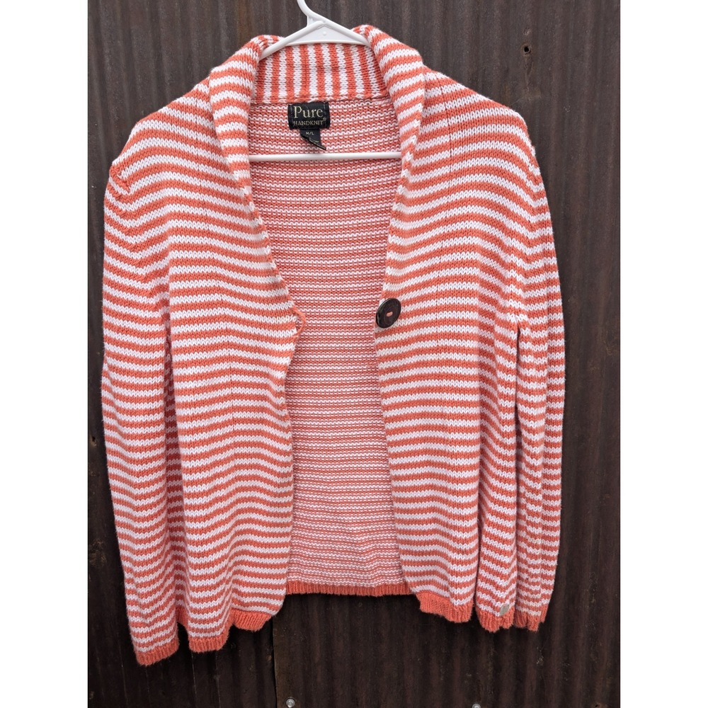 Pure Handknit Stripe Cardigan Medium Coral Open Knit Coastal Beach Resort Wear